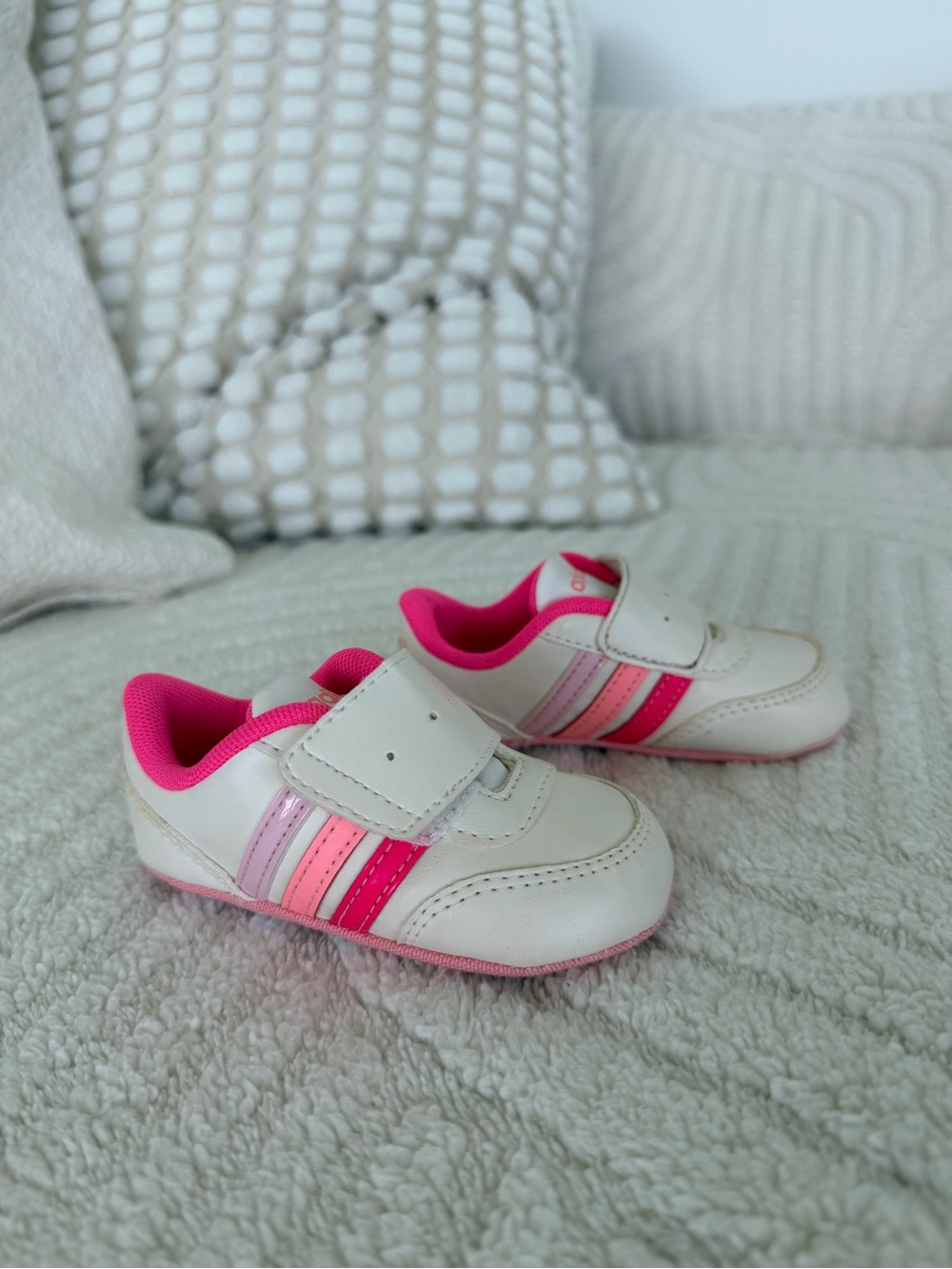 ADIDAS White Sneakers with Pink & Light Pink Stripes- BABY- size 3/6 M
